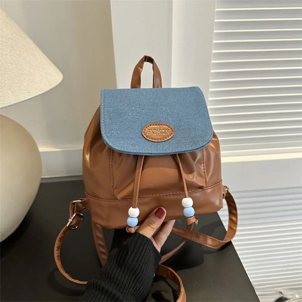 Women Small Retro Faux Leather Handheld Handle Soft Zipper Backpacks/Exterior Flap Pocket/Shoulder Straps/Interior Drawstring/Colors-Silver/Black/Brown/White