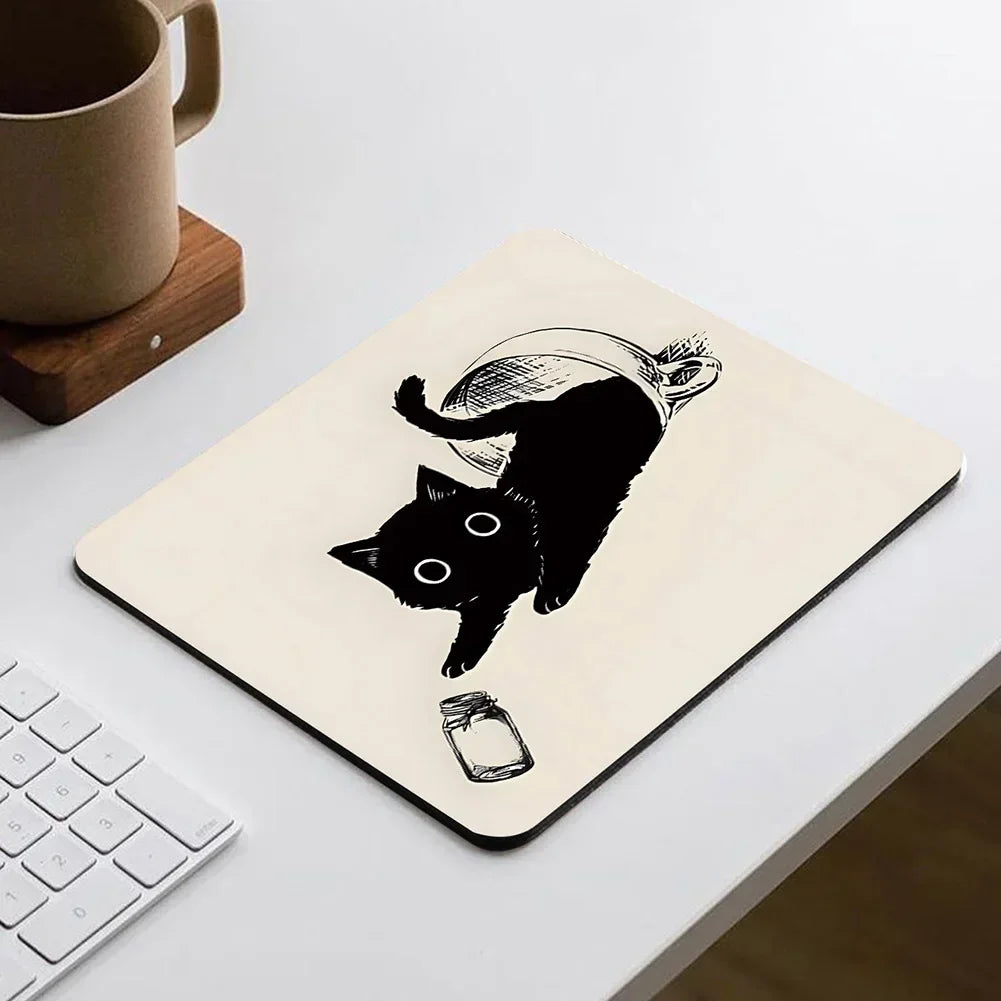 Small Rectangle Non-Toxic Cartoon Kawaii Black Cat Animal Illustration Fabric Washable Non-Slip Rubber Lock Edge Gaming Mouse Pad