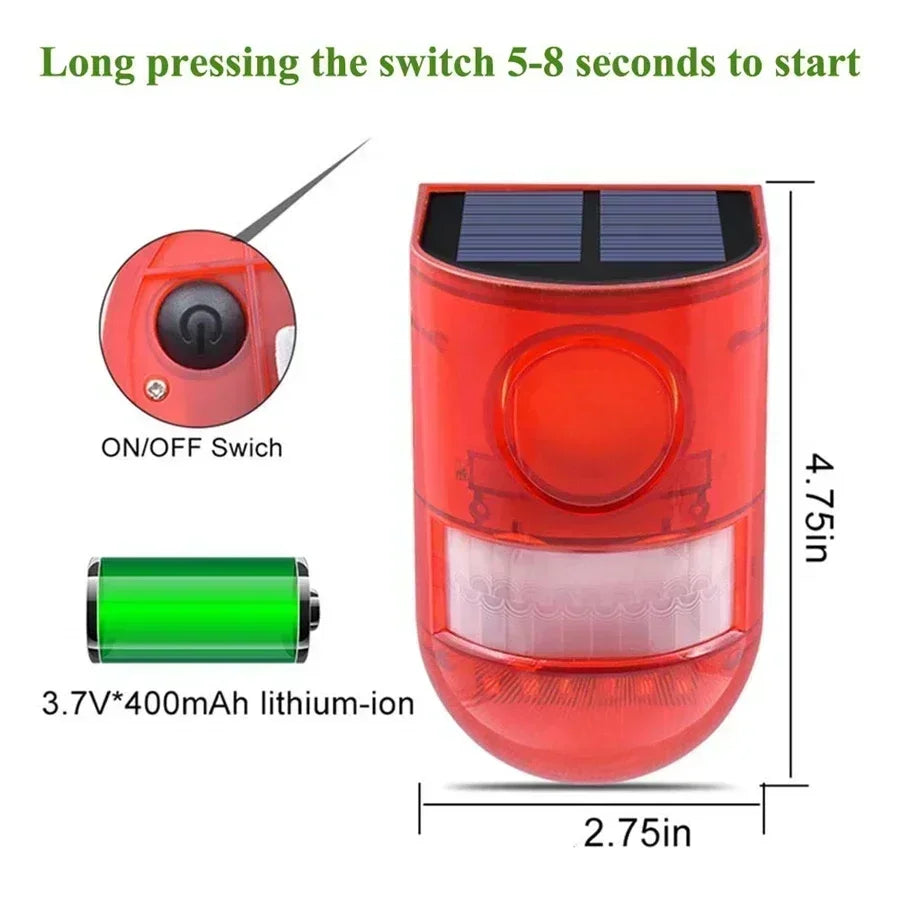 Newest Solar Infrared Motion Sensor Alarm with 110db Siren Strobe Light for Home Garden Carage Shed Carvan Security Alarm System