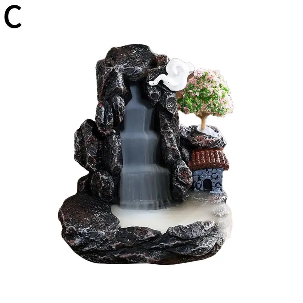 Ceramic Resin Small Village Scene Trees Rocky Mountain Terrain Brown Mill Wheel Realistic Flowing Water Backflow Incense Burner Holders/Colors-Black/Gray/Brown/Green