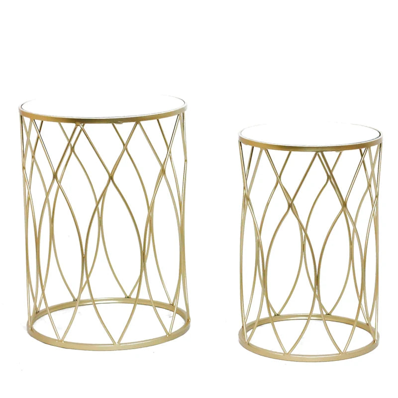 2 pcs Small Round Metal Gold Mirrored Top Surface End Tables/Sizes: 16.14 x 16.14 x 22inch/13.38 x 13.38 x 20inch