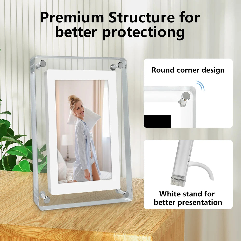 5 Inch Rectangle Acrylic Round Corners ON Screen Display Automatic 360 Rotate Function Video MP3-Playback Digital Zoom Photo Frames/Camera HD Type VGA/100cm USB Cable/White Back Stand/Dust-Proof Cloth/ User Manual/Colors-White/Clear