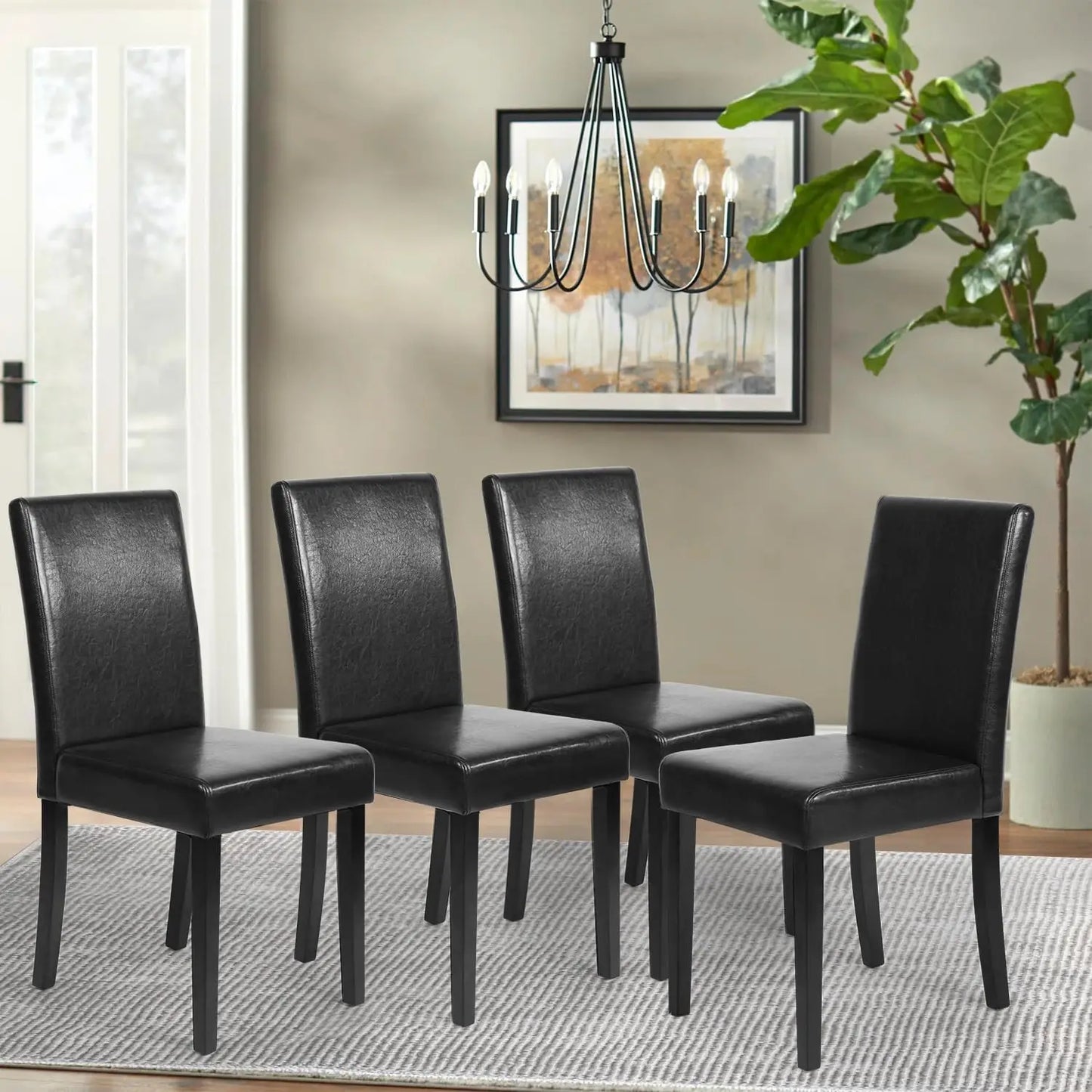 4pcs Black Modern Wood Dining Chairs Set w/ PU Leather Upholstered Soft Foam Cushions
