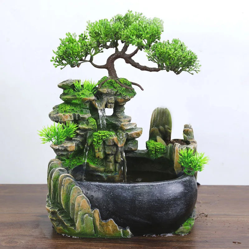 Green Resin LED Lights Indoor Bonsai Tree Foggy Mist Rocky Landscape Flowing Water Desktop Fountain/With US Plug