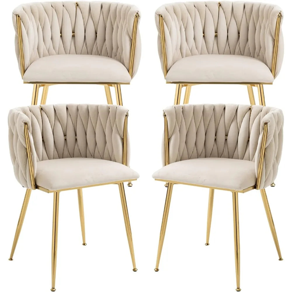 4 pcs Velvet Curved Backrest Woven Upholstered Padded Cushion Tufted Dining Chair Set w/ 4 Gold Metal Legs/Colors-Beige/Gold/Gray/Yellow/Black