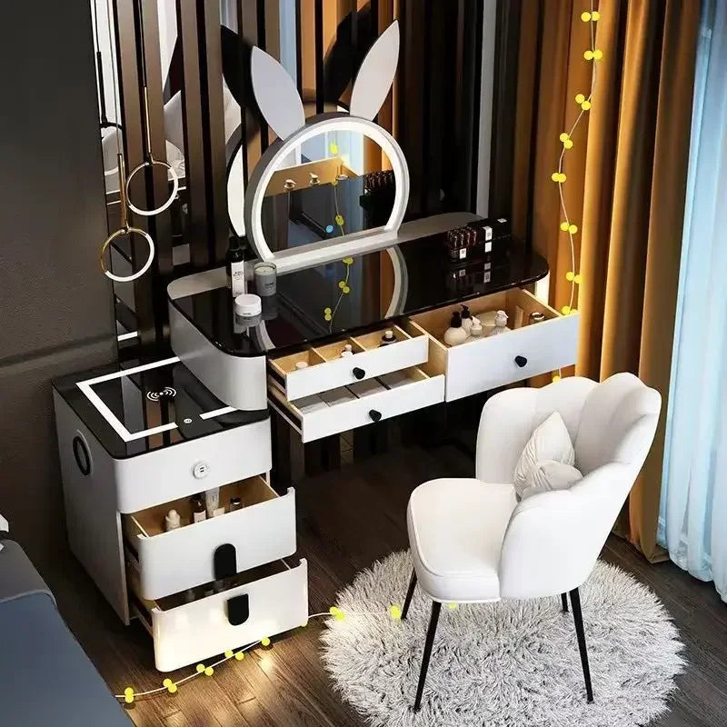 Modern Style White Adjustable LED Smart Touch-Controlled Lighted Round Mirror Black Tempered Glass Countertop Solid Pine Wood Draws Make-Up Vanities /2 USB Wireless Ports /Bluetooth Speakers/Colors-Black/Gray/White