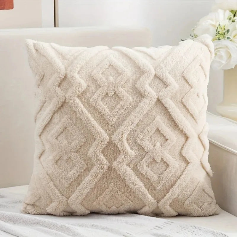 Plush Printed Square Weaved Soft Velvet Jacquard Faux Fur Throw Pillow COVERS/Colors-Geometric/Brown/Pink/Beige/