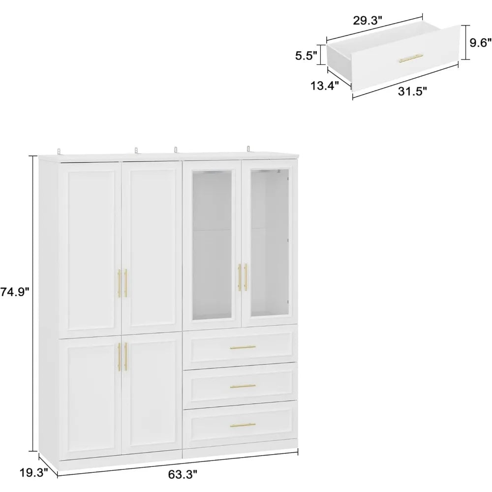 No-EN-Name-Null Modern White MDF Wood Two Glass Doors-Four Doors Three Drawers Shelved Armoires Wardrobes / 9 Metal Handles/3 Shelves/2 Silver Metal Clothes Rods/Dimensions: L 19.3 x W 63.3 x H 74.9 Inch/Colors-White/Brown/Silver
