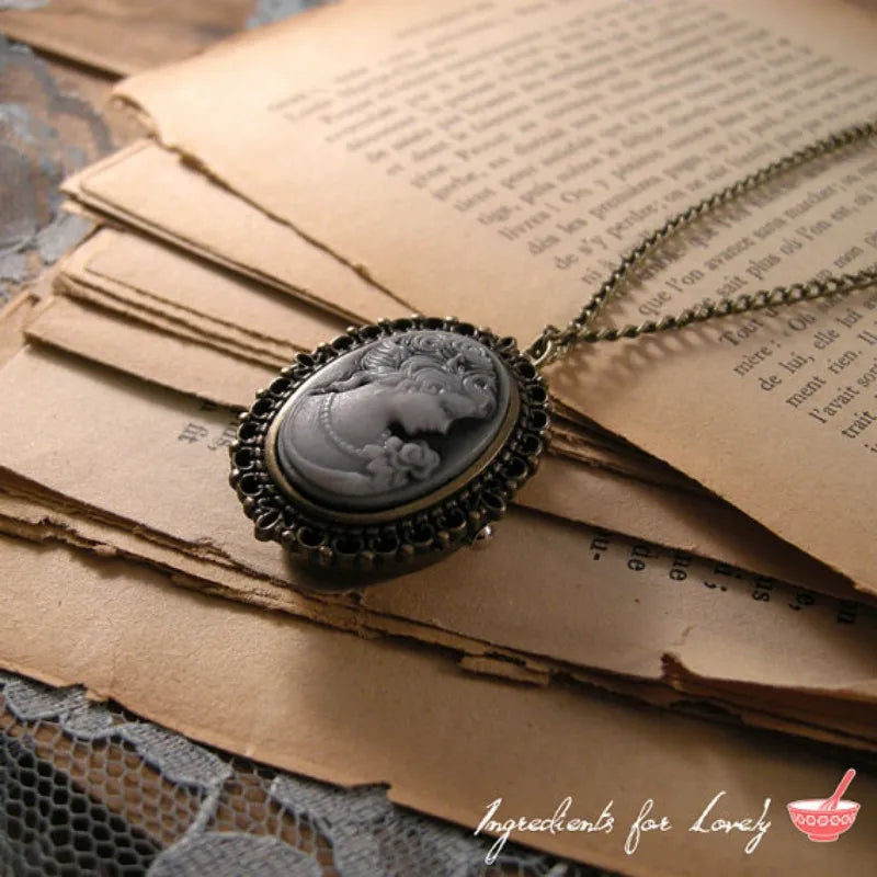 Women Waterproof Quartz Analog Display Vintage Oval Carved Women Hair-Face-Shoulder Cameo Pocket Watch-Chain/Colors-Green/Brown/Yellow