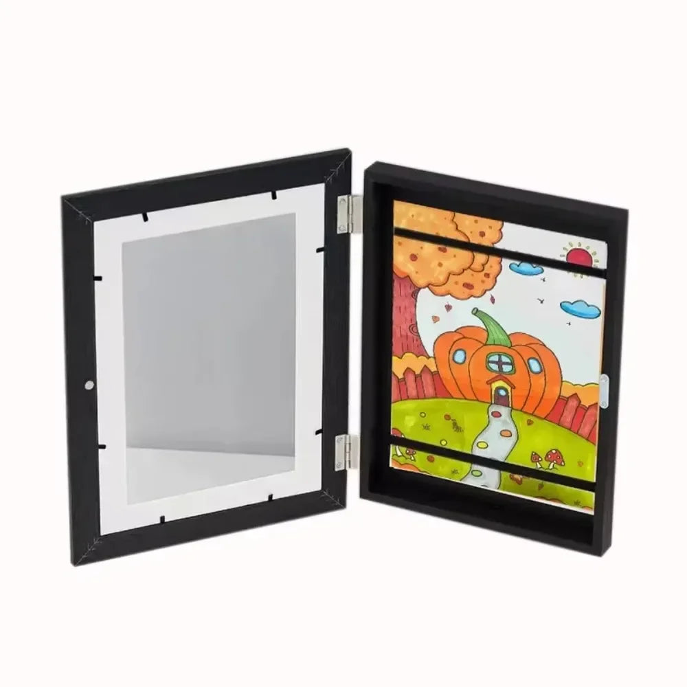 Kids Rectangle Wood Trim Acrylic Cover Artwork Display Magnetic Closure Picture Frames/Elastic Band/Colors-White/Black/Brown/Green/Pink