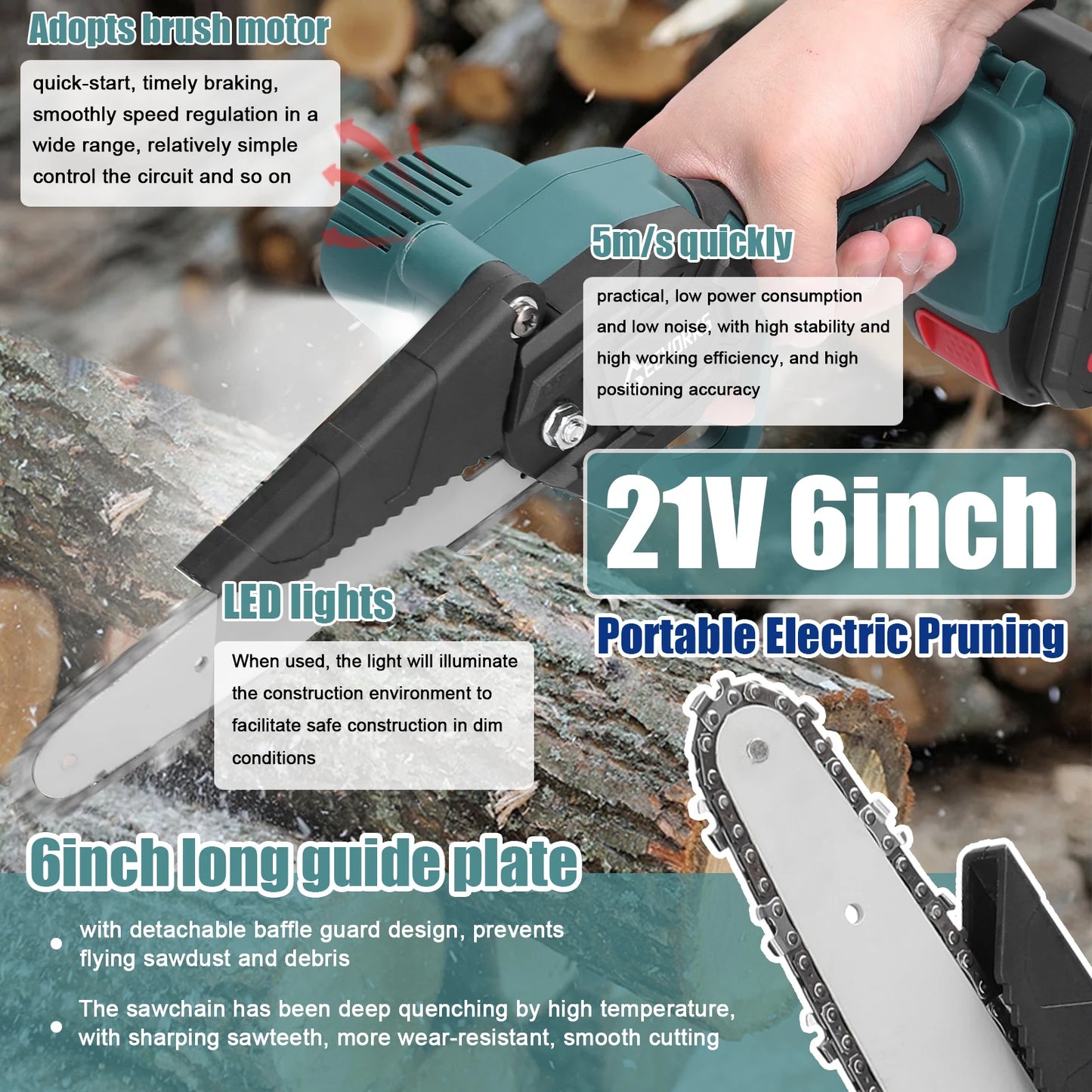 GEEVORKS Outdoor Home DIY Plastic Green-Black Body 6 Inch Handheld Mini Cordless Lithium Battery-Powered Rechargeable Brushed Motor 21V Electric Portable Wood Cutting Adjustable Tension Pruning Metal Chainsaws/Colors-Green/Black/Gray/Red/
