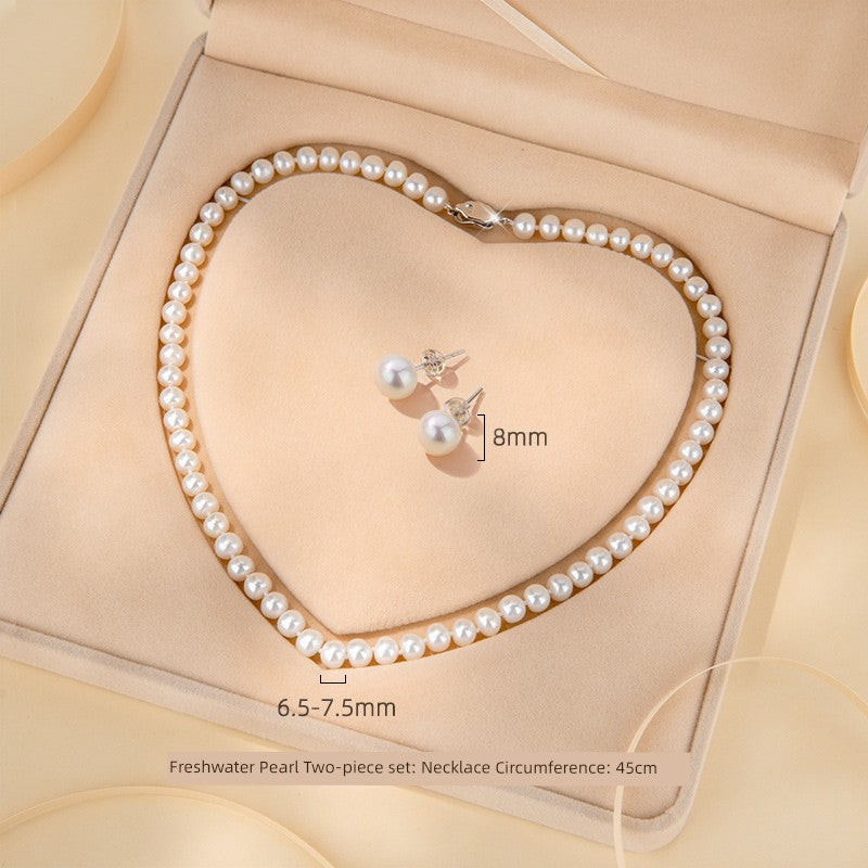 Adult Women Sterling Silver White Pearl Necklace-2 Hanging White Pearl Earrings Fine Imitation Jewelry Sets/Colors-White/Silver