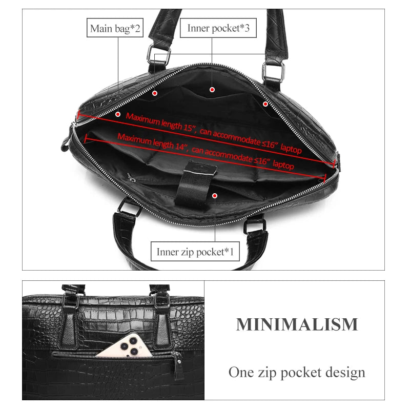 Men Black SCHLATUM Genuine Leather Crocodile Print Hard Briefcases Polyester Bag / 1 Handles/Straps /Fits 13-15.6 Inch Laptop/Built-In Compartment