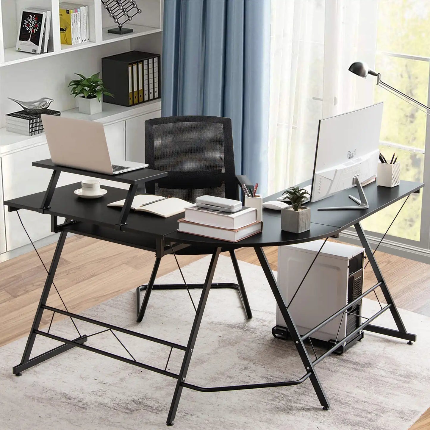 GOFLAME Black Colored L-Shaped Steel MDF Wood Computer Desks/ Movable Host Stand/Dimension of Desk: 130 x 126 x 94 cm (L x W x H)