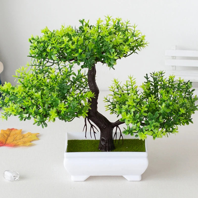 Indoor Artificial Plastic Non-Flowering Small Magnoliopsida Bonsai Tree-Rectangle Pot/Colors-Green/Purple/Yellow