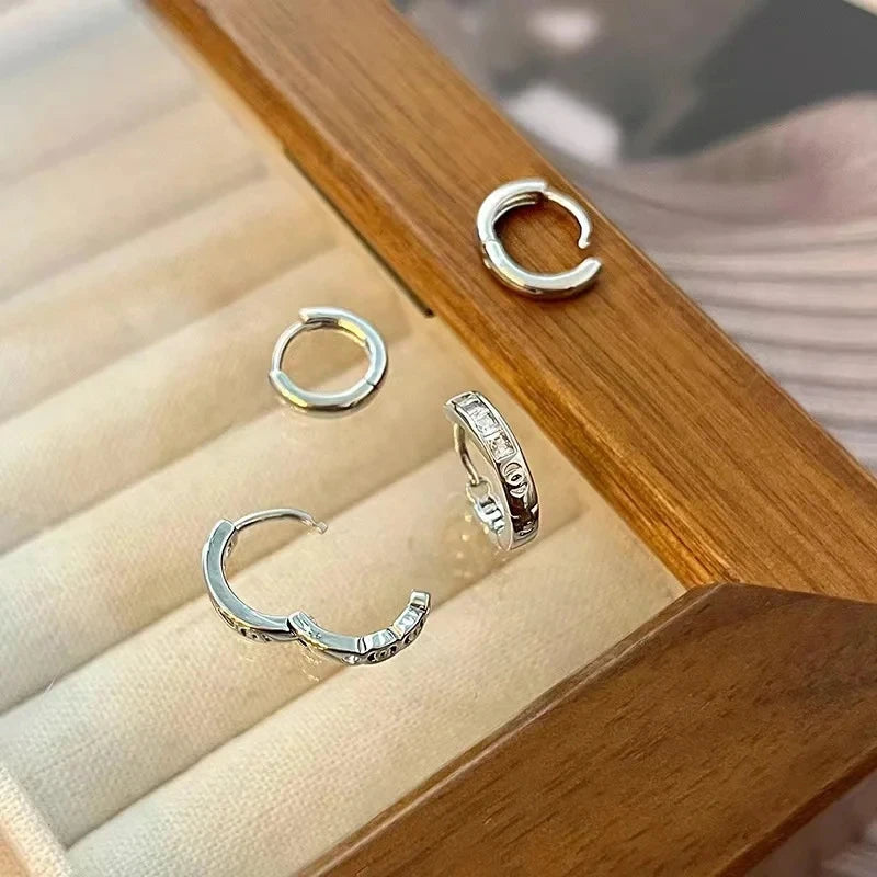 Women 4 PCS /Set Imitation Copper Silver Stainless Steel Aesthetic Zircon Crystal Hoop Earrings