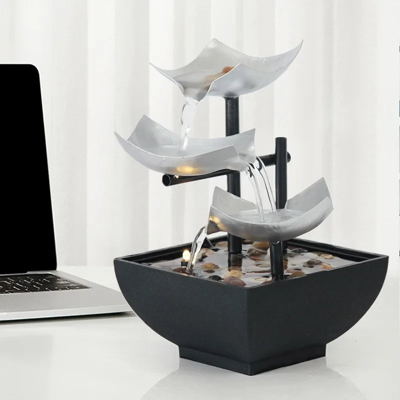 Small Indoor 3-Tiers Metal Silver Squares Pebbles Flowing Water Iron Black Bowl Desktop Fountain