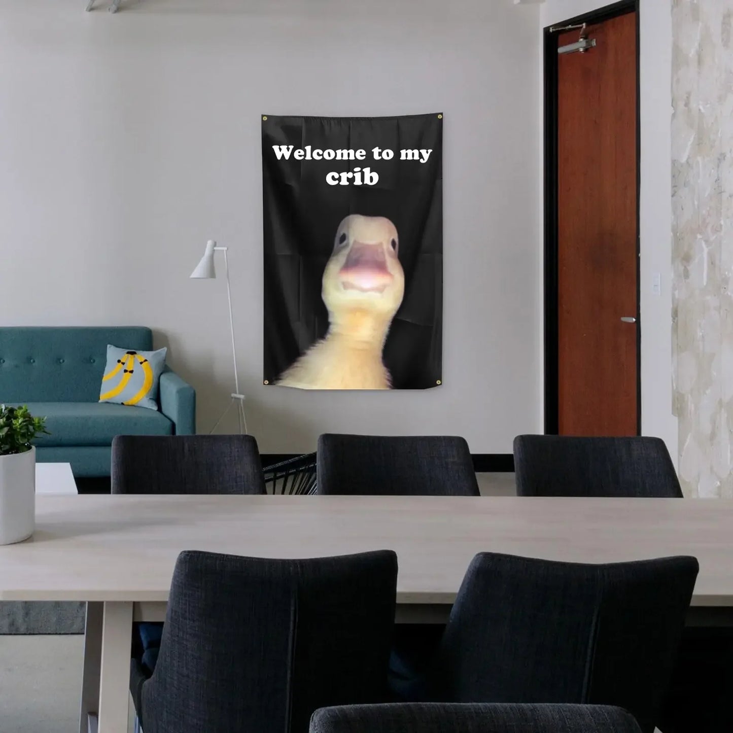 Double-Stitched Polyester Black Background Funny Yellow Duck White Letters Saying Welcome to My Crib Wall Hanging Flags Tapestries/4 Shiny Brass Grommets/Acrylic Flagpole Material