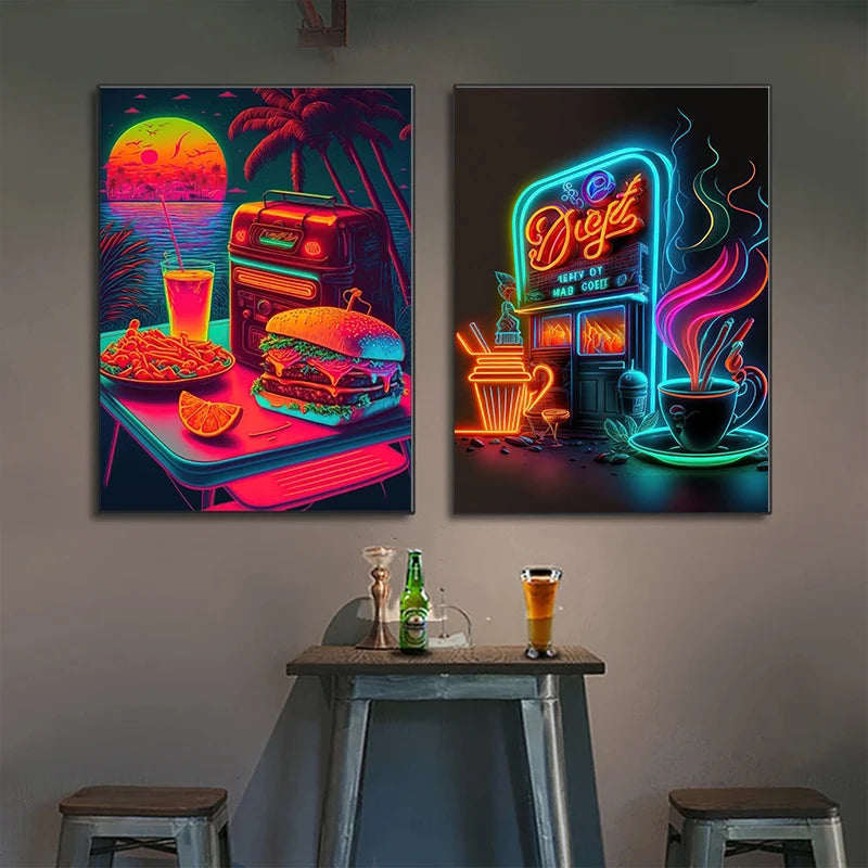Unframed Modern Cotton Canvas Cartoon Neon Fast Food/Soft Drinks Prints/Colors-White/Blue/Multicolor