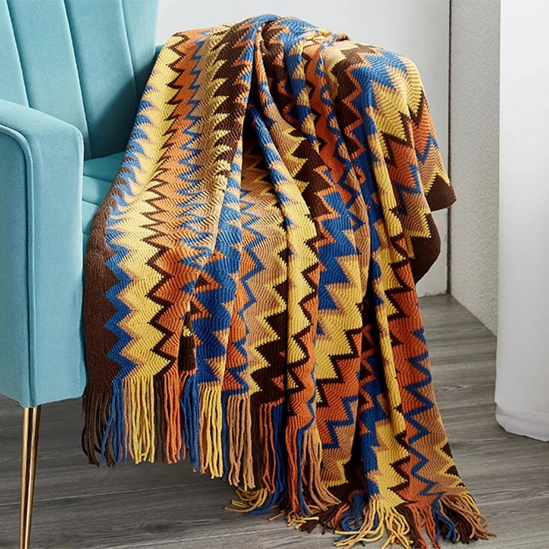 Retro Rectangle Knitted Dyed Yarn Plaid Geometric Boho-Aztec Baja Polyester-Cotton Blanket Wall Hanging Tapestries