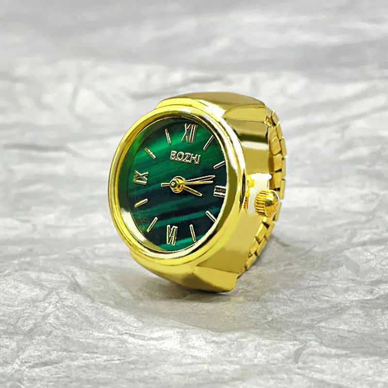 Unisex Metal Vintage Round Finger Watch Glass Mirror Quartz Elastic Band Charm Rings/Colors-Gold/Green/Silver