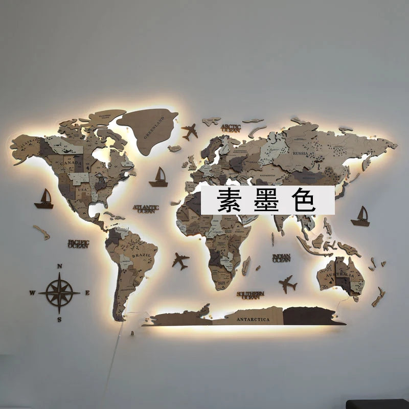 World Light Emitting Map Solid Wood Stereoscopic Wall Decoration/Colors-Brown/Blue/Beige/Black