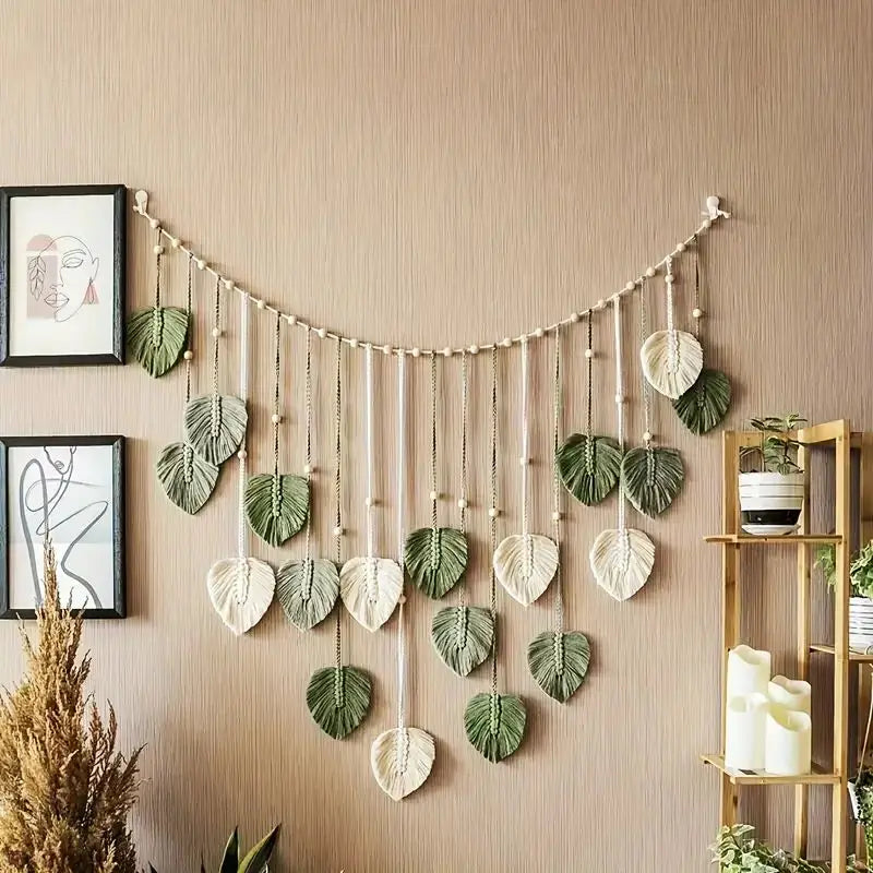 Handmade Boho Fabric Sage Green-Off-White Macrame Leaves Natural Wall Hanging Tapestries/Colors-Green/Brown