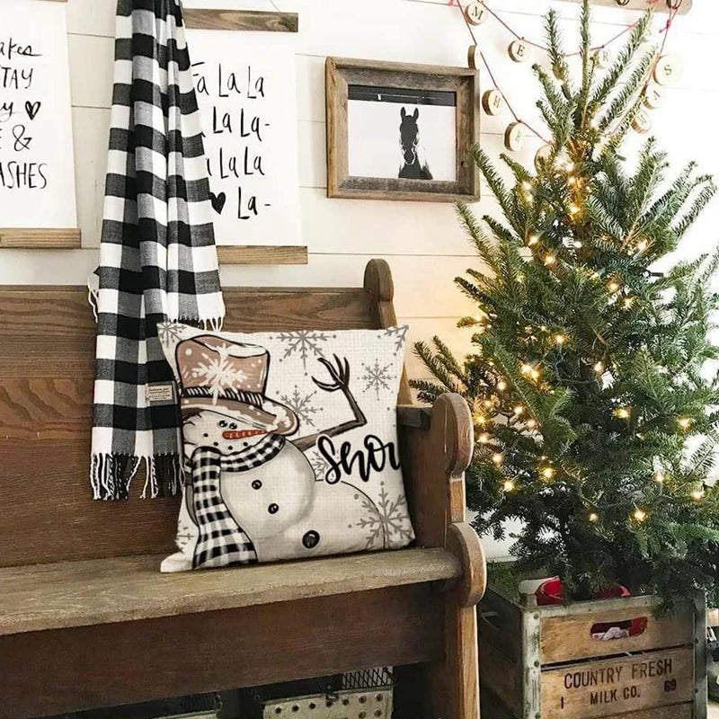 4 PCS Set Christmas Linen Snowman-Elk-Yarn Mittens-Christmas Tree-Wreath Plaid Throw Pillows/Colors-White/Red/Gray/Plaid