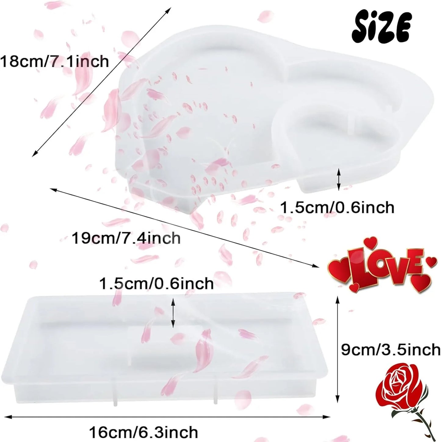 DIY 2 PCS Hearts-Rectangle Base Milky White Silicone Resin Craft Molds