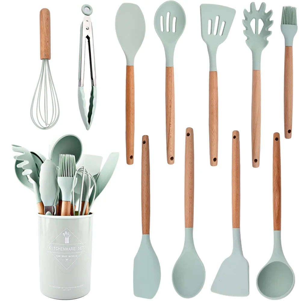 12 PCS Non-Slip Heat Resistant Silicone-Wood Handle Kitchen Utensils Cooking Sets/Colors-Blue/Green/White/Black/Storage Box Included