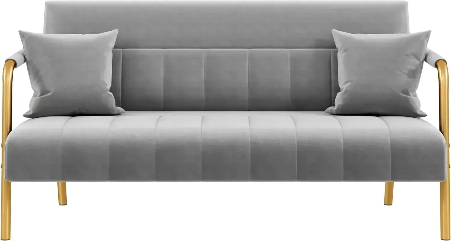 No-EN-Name-Null Modern Gold-Tone Iron Metal Padded Armrests-Legs Pink Soft Polyester Fabric Thick Cushion 2-Seater Loveseat Sofas/Colors-Green/Pink/Light Gray/Two Matching Pink Pillows/Weight Max : 600 LBS
