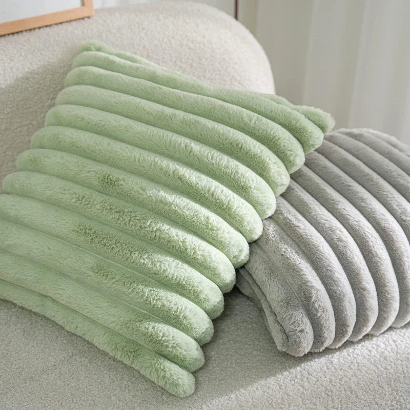 Embroidered Square Big Thick Striped Super Soft Cotton Solid Color Faux Rabbit Fur Sofa COVERS/Colors-Pink/White/Green/Apricot