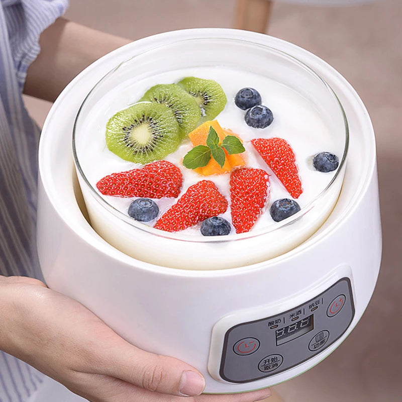 Borosilicate Glass Low-High Non-Adjustable Temperature PTC Heating Element Automatic Power-Off Yogurt Maker Machines/ 3-1 Functions: Yogurt-Natto-Rice Wine/Colors-Clear/White/Power: 20 Watts-220 Voltage
