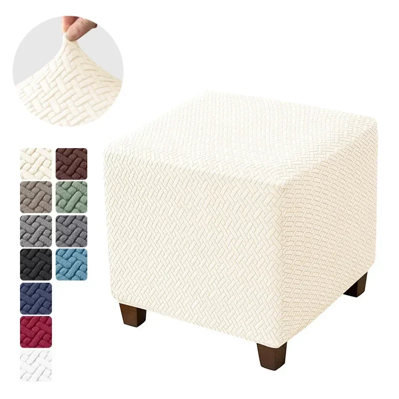 Solid Color Velvet-Spandex Jacquard Square Ottoman Elastic Stretch Footrest Slipcovers/Colors-Gray/White/Beige/Black/Blue/Green