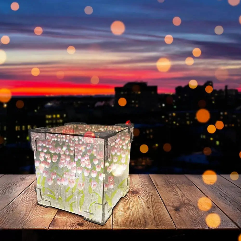Eye-Catching LED Square Handmade Champagne Plastic Frame Tulip Infinity Battery Powered Night Lights/ Button Battery(Battery Included)/Colors-Multicolor/Floral