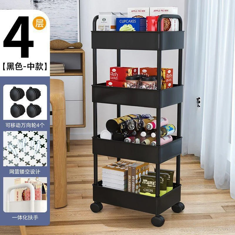 3-5 Tiers Plastic Kitchen Shelves Storage Caddies/4 Wheels/Colors-White/Black