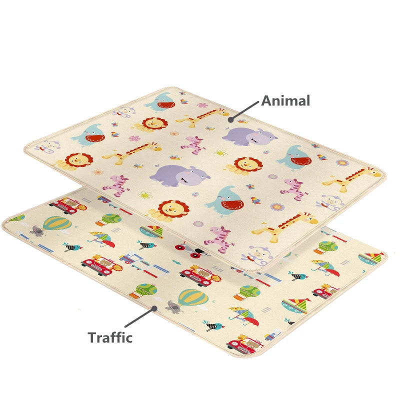 Babies Soft Plastic Waterproof High Rebound Double-Sided Portable Foldable Cute Cartoon Design Crawling Play Mats/Colors-Beige/Floral/Multicolor/Checkered/Geometric/Animal/Dots/Compact Size