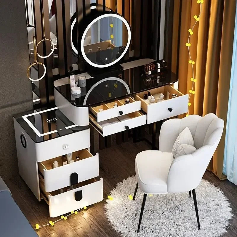 Modern Style White Adjustable LED Smart Touch-Controlled Lighted Round Mirror Black Tempered Glass Countertop Solid Pine Wood Draws Make-Up Vanities /2 USB Wireless Ports /Bluetooth Speakers/Colors-Black/Gray/White