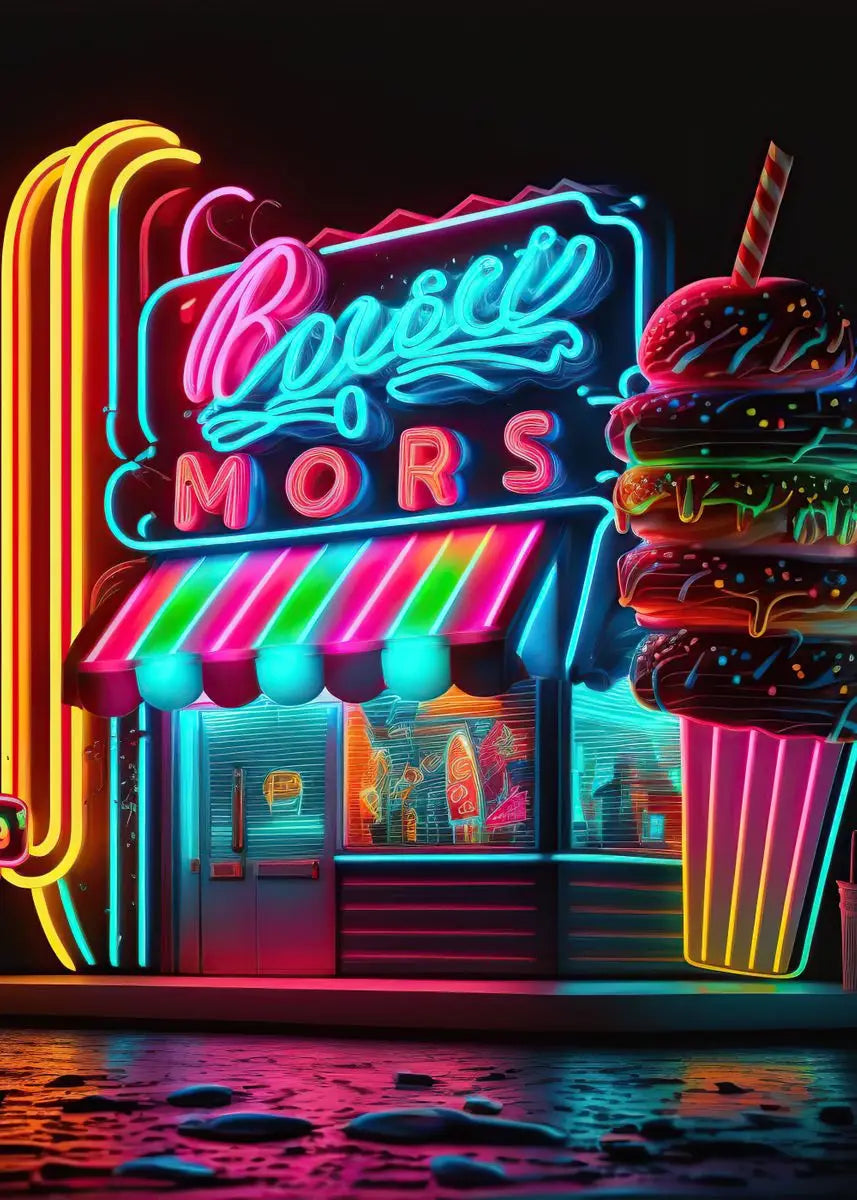 Unframed Modern Cotton Canvas Cartoon Neon Fast Food/Soft Drinks Prints/Colors-White/Blue/Multicolor