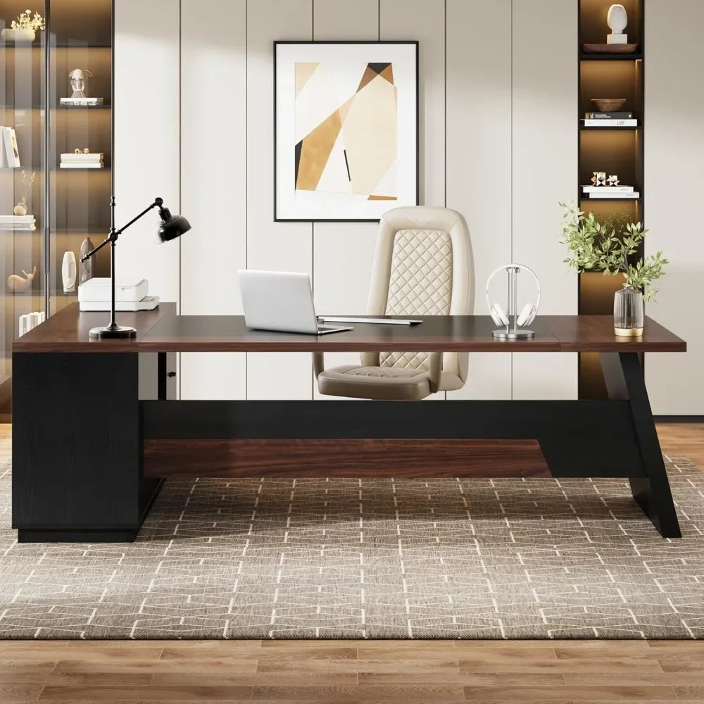 ANGDUO L-Shaped Large Modern Executive Walnut-Black Office Desks w/2 Drawers/1 File Drawer/Product Dimensions: 55.1"D x 78.7"W x 29.5"H