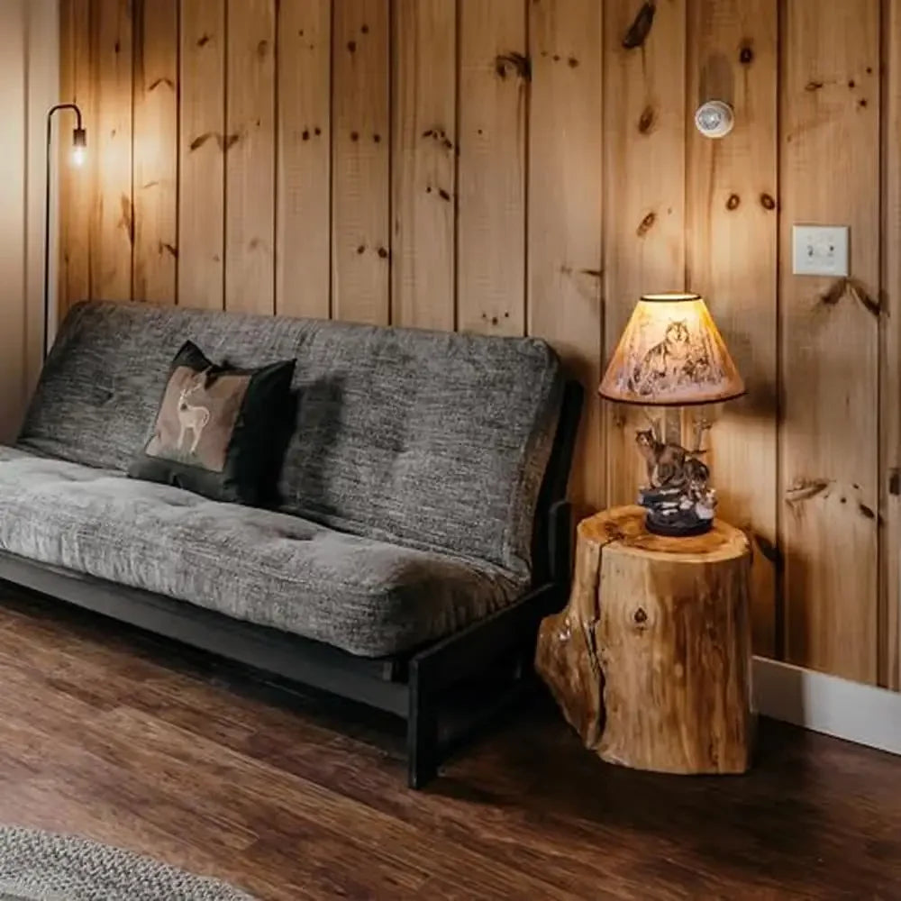 LED Light Rustic Brown Linen Shade Resin Wolves In The Wild Sculpture Wood Table Base Desk Lamps