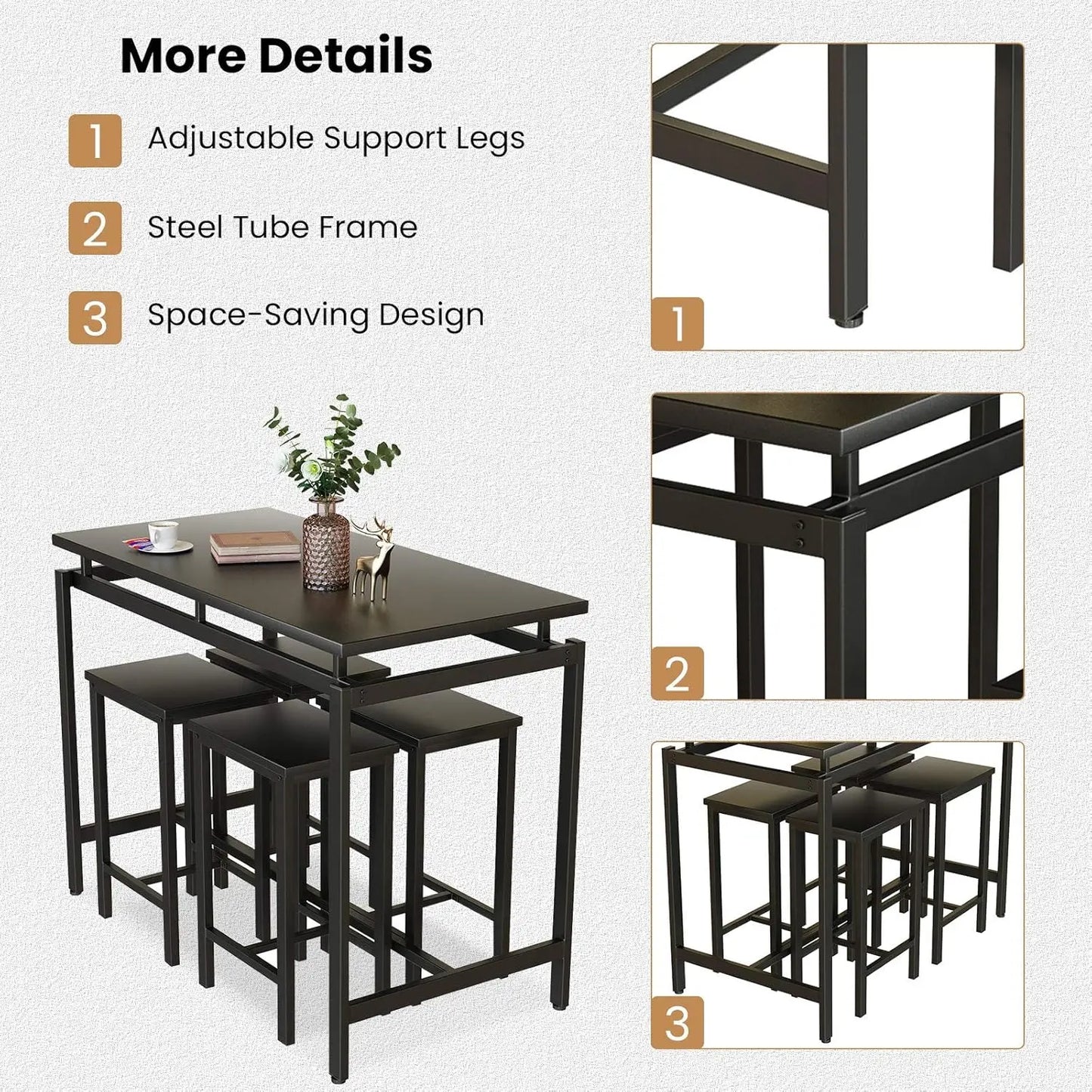 5 PCS Modern Wood Kitchen Table Top w/Iron Frame / 4 Iron Pub Bar Stools/Colors-Brown/Black