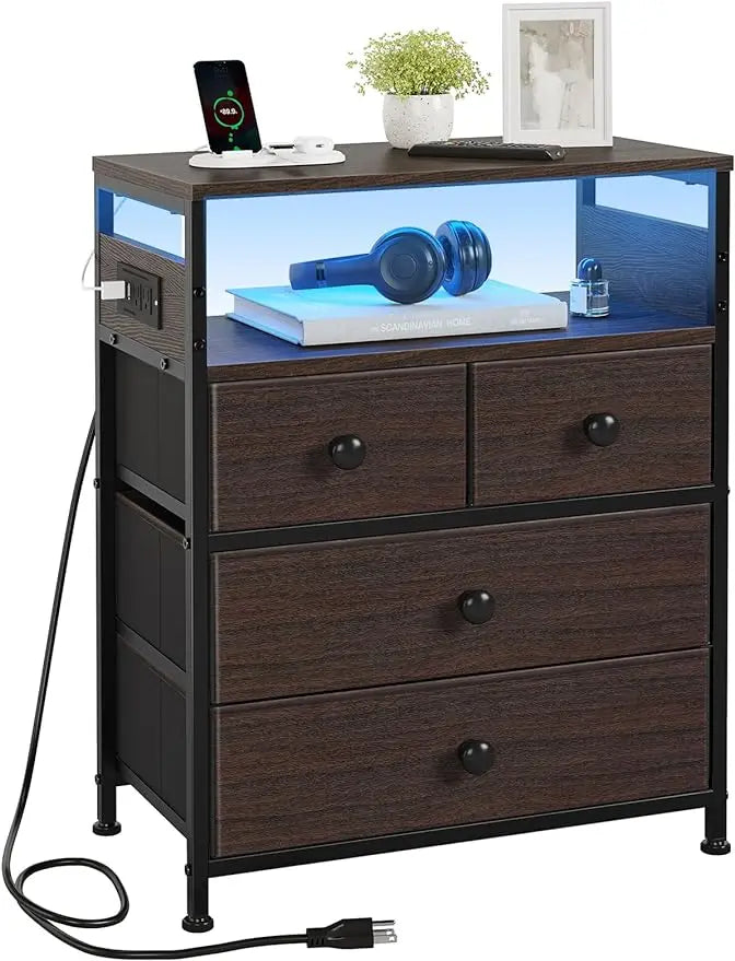 Wood Rustic Brown Nightstands/Charging Station / 4 Drawers /2-Tier Shelves