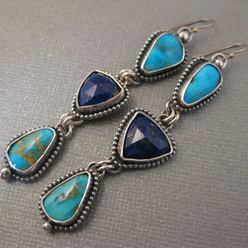 Women-Teen Girls Retro Silver Metal Handmade Blue-Green Stone Triangle Dangle Tear Drop Imitation Earrings/Colors-Blue/Green/Silver/Multicolor