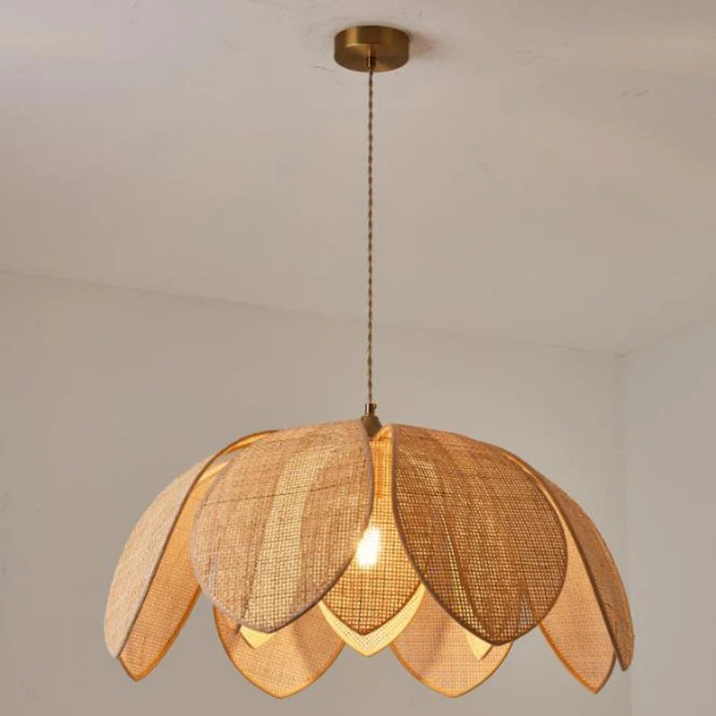 Beige Handmade Gloss Hanging Chinese Natural Rattan Lotus Petal Cord Pendant Ceiling Lights Fixtures/Bulb Not Included-E27 Bulb Cap Type