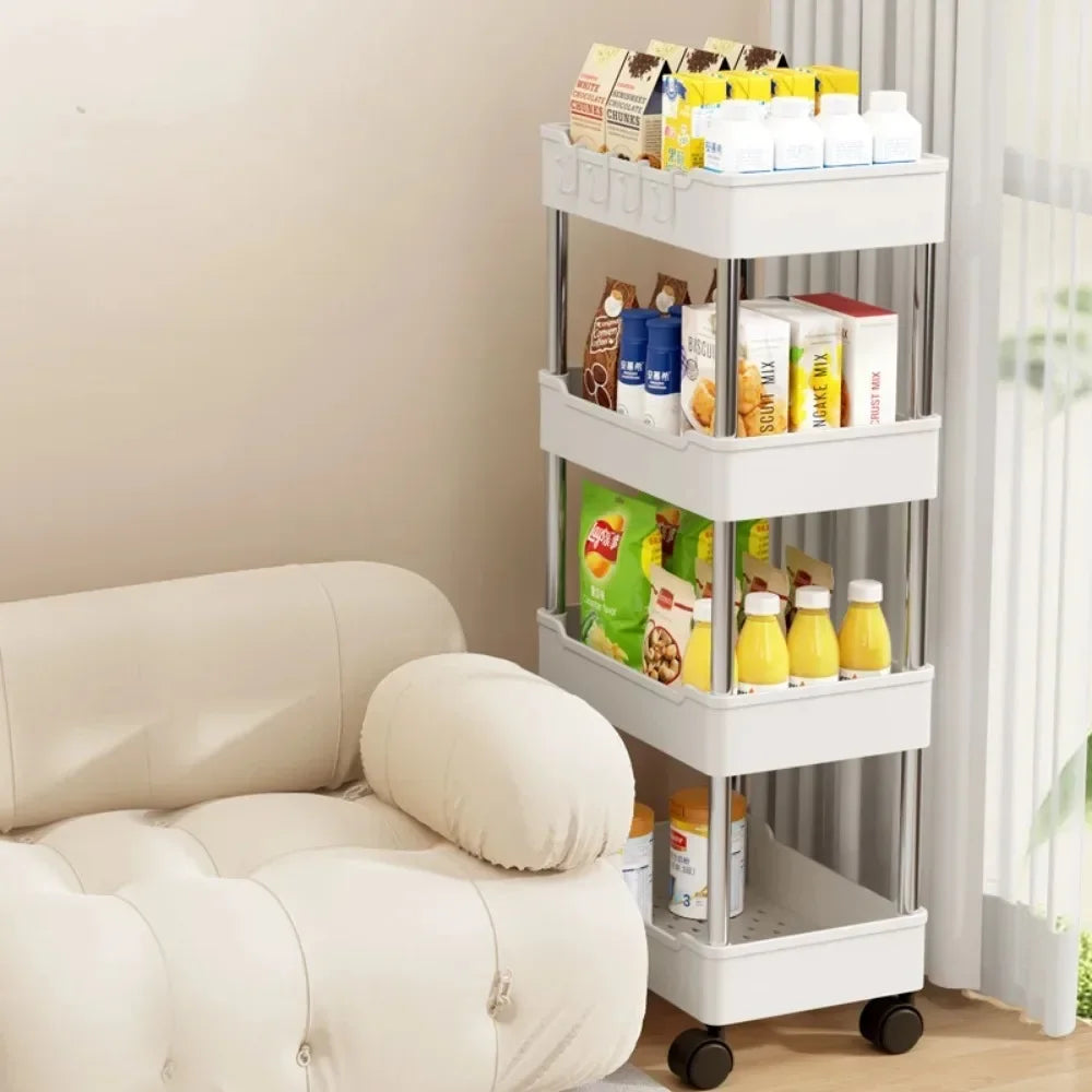 Kitchen Black-White 3-4 Tiers Shelves Non-Folding Slim Storage Plastic Carts/360 Rotation-4 Plastic Wheels/Colors/White, Black