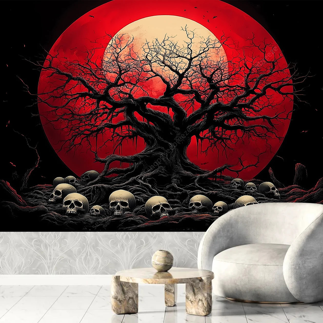 Colorful Green Forest Red Mushrooms Water Flowing Printed Polyester Woven Garden Of Eden Nature Tree Of Life Wall Hanging Tapestries