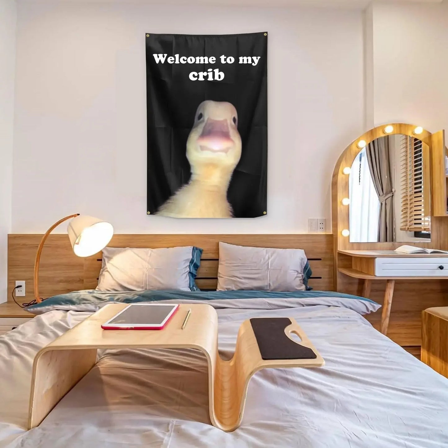 Double-Stitched Polyester Black Background Funny Yellow Duck White Letters Saying Welcome to My Crib Wall Hanging Flags Tapestries/4 Shiny Brass Grommets/Acrylic Flagpole Material