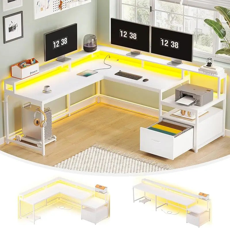 SEDETA L Shaped Customize Office Desks/File Drawers/Recessed LED Power Outlet Strip/3 CPU Stand/Colors-Walnut/white/Black/Gray