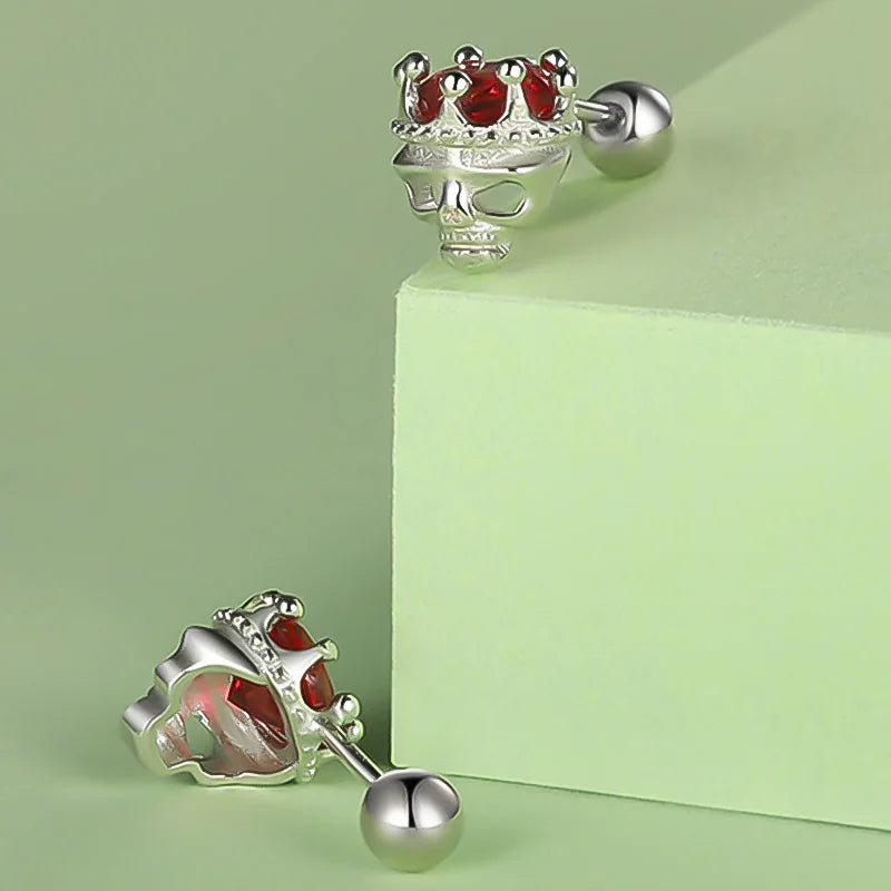 TrustDavis Real 925 Sterling Silver Man/Women Red Zircon Crown Skull Head Screw Stud Earrings for Girls Party Jewelry DF2028
